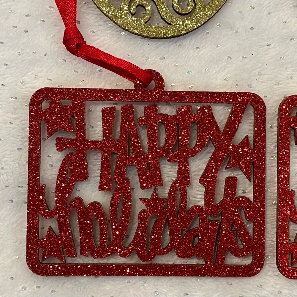 Glittery “Let it Snow” and “Happy Holidays” Ornament Set Rounds and Squares